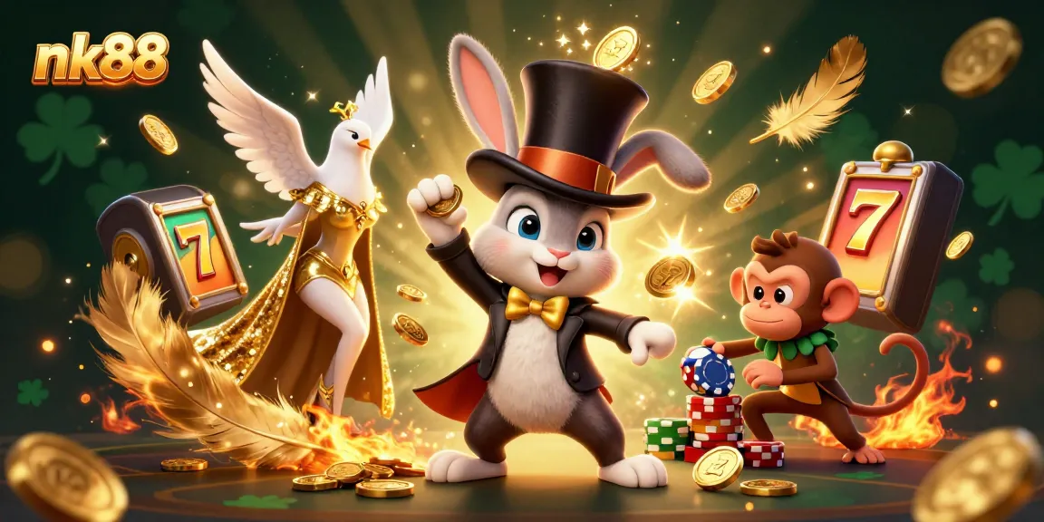 nk88 enchantingly showcases a magician pulling golden coins amidst dynamic slot reels and vibrant casino elements