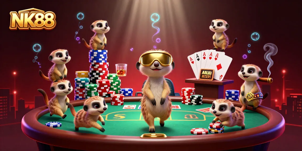 Experience the excitement of NK88 with meerkats managing a vibrant casino scene full of chips and poker tables.