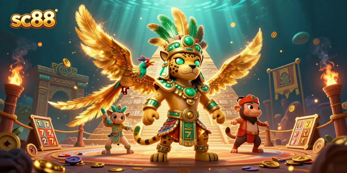 Experience thrilling gameplay at sc88 with a Mayan jaguar priest and golden treasures in this vibrant 3D illustration.