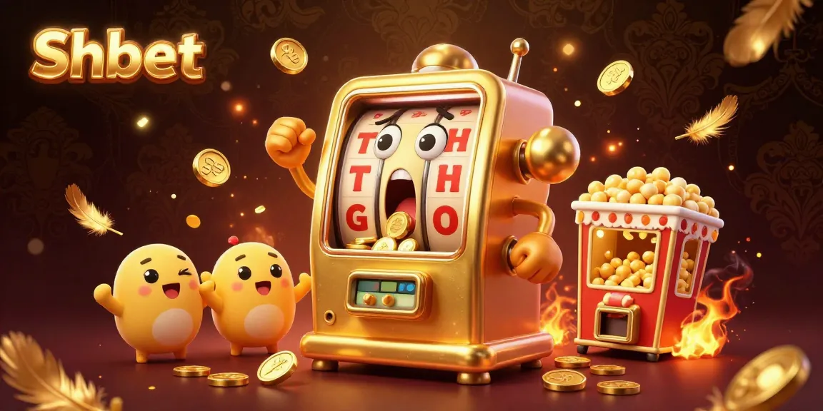 Shbet's golden slot machine hits the jackpot, showered in coins with cheering baby slots.
