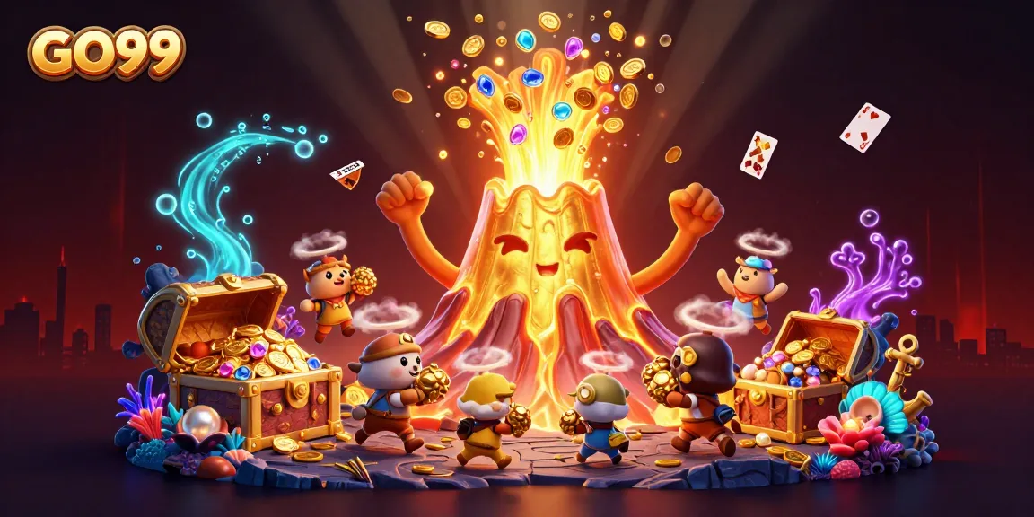 Experience exciting gameplay at GO99 with treasures erupting from a lively volcano!