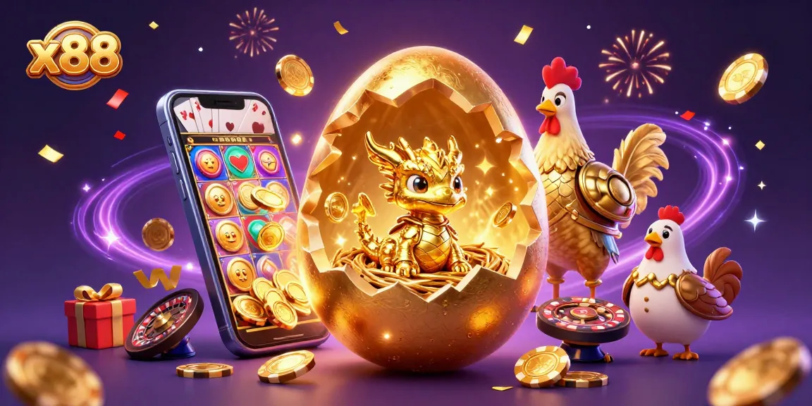 Experience thrilling moments with x88's vibrant 3D casino scene featuring a golden baby dragon amidst poker chips.