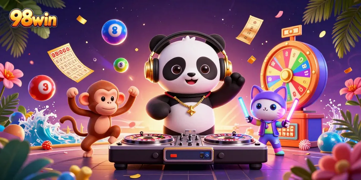 Experience the thrill of gaming with 98win in a vibrant 3D casino scene featuring engaging characters.