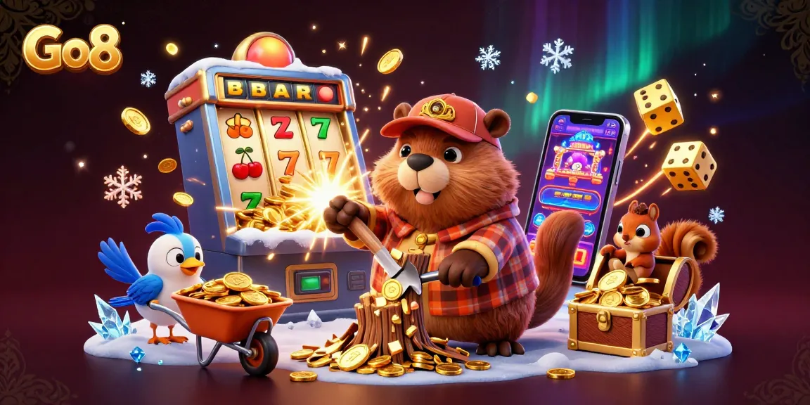 Go8’s cartoon beaver collects coins from a jackpot explosion, surrounded by casino gaming elements.