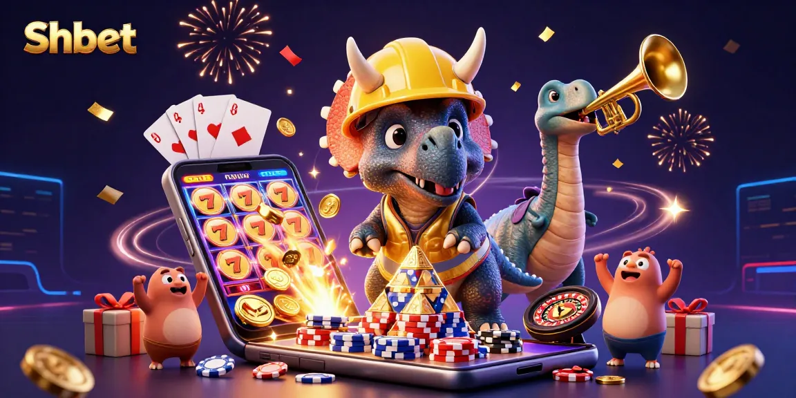 Experience excitement with Shbet as a triceratops constructs poker chips amidst a vibrant casino scene.