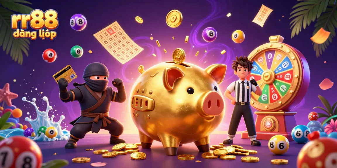Feel the excitement of rr88 đăng nhập with a dynamic 3D scene featuring a golden sumo wrestler, ninja, and samurai amidst colorful casino elements.