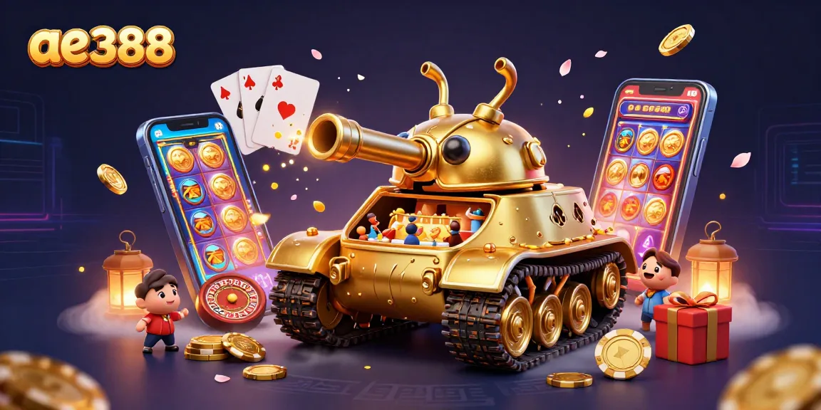 Experience the exciting world of ae388 with a lively 3D casino scene featuring a golden beetle tank and dynamic gaming elements.